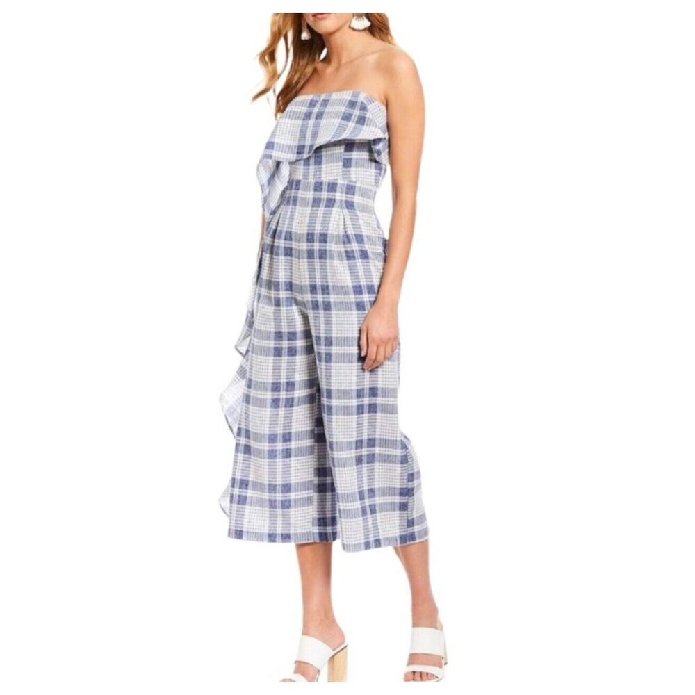 Gianni Bini Women’s Ruffle Front Navy White Plaid Culotte Jumpsuit Romper Size S